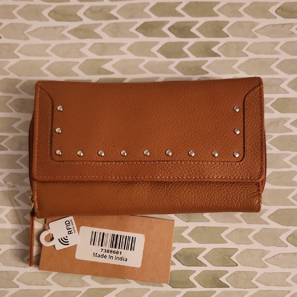 Brown Pebbled Leather Wallet with Studded Flap